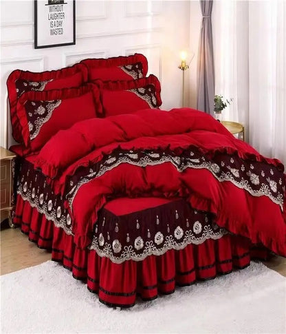 European Style Bedspread with 4 Piece Quilted Double Bed Skirt with Lace Edge