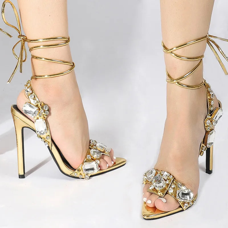 Golden women's sandals, high quality crystal