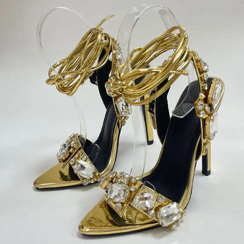 Golden women's sandals, high quality crystal