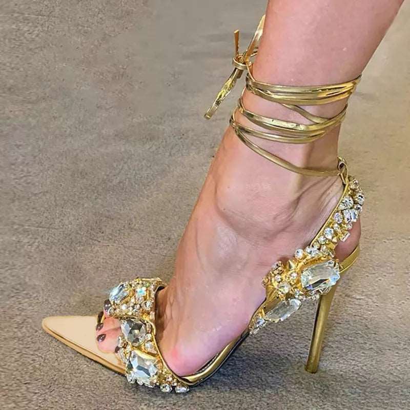 Golden women's sandals, high quality crystal